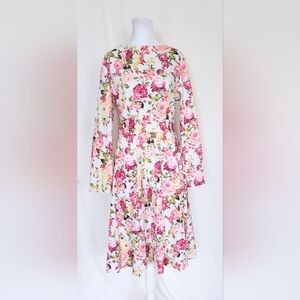 SisJuly Long Sleeve Floral Midi Dress Size XXL Pink White NWT